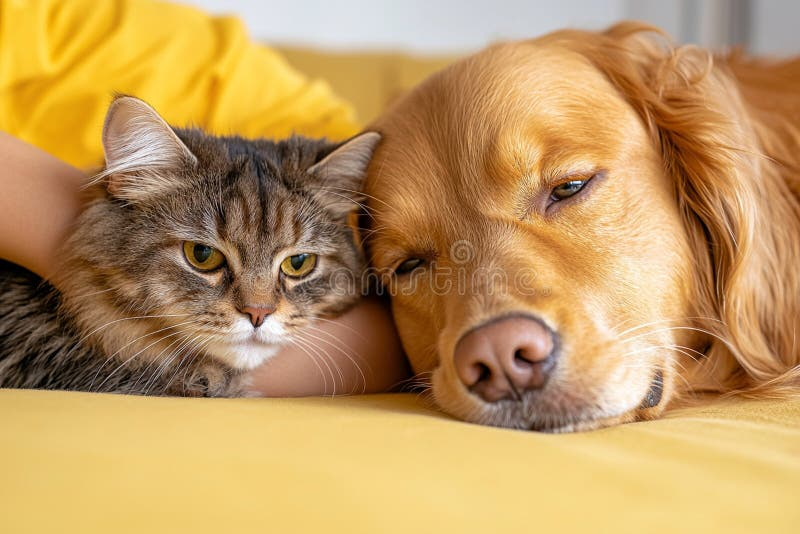Golden retriever and British shorthair cat sitting together